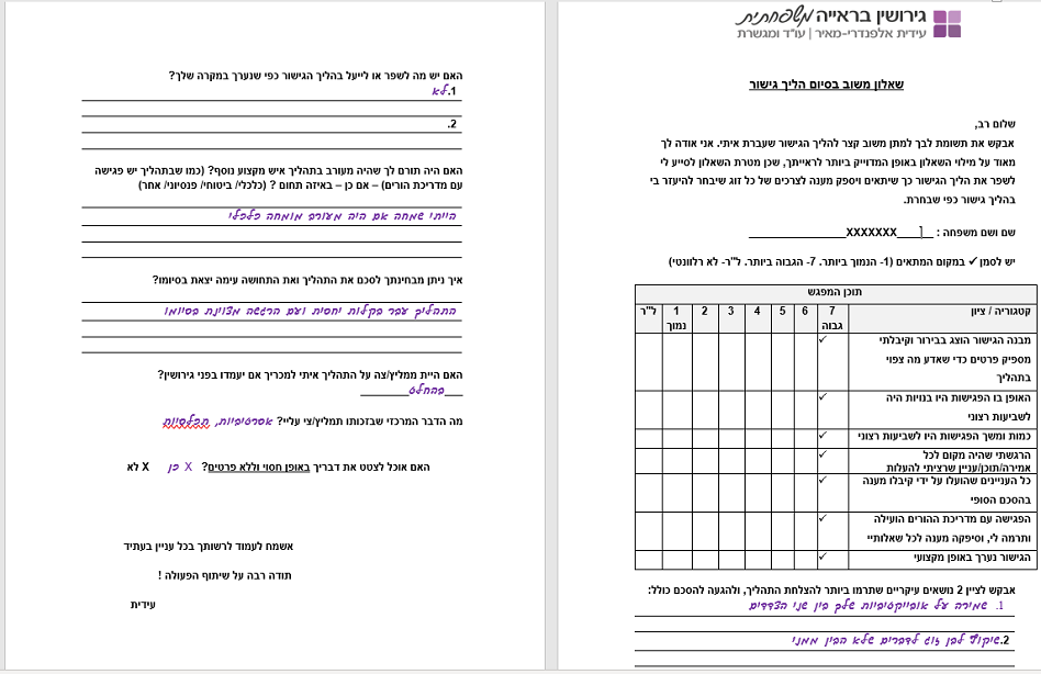 משוב בסיום הליך גישור לגירושין
