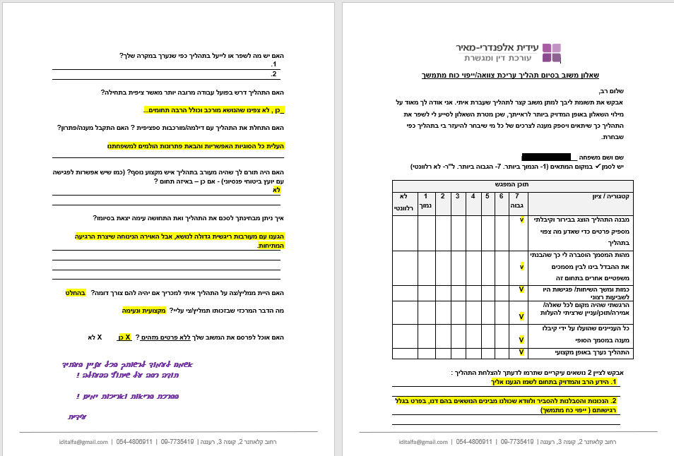 משוב בסיום תהליך של עריכת צוואה וייפוי כוח מתמשך