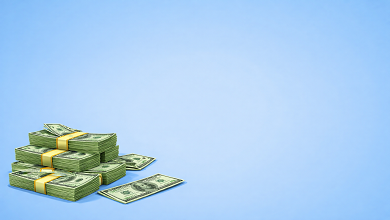 רקע תכלת ובפינה השמאלית התחתונה שטרות של דולרים