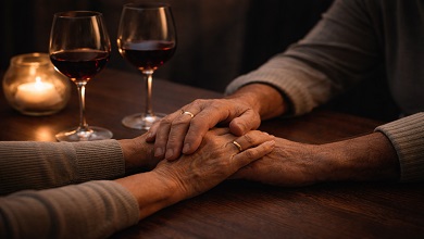 זוג ידיים מבוגרות אוחזות ידיים וברקע כוסות יין ונר דולק
